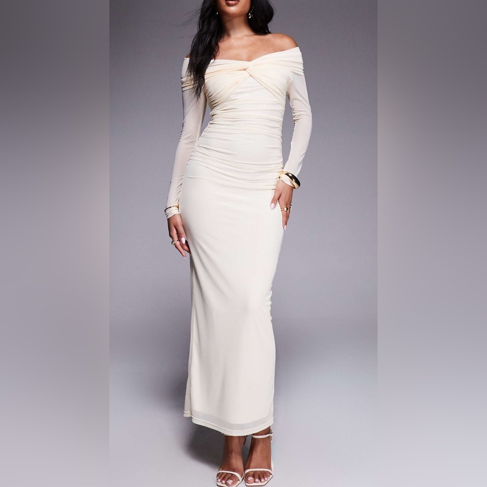 ASOS Off-Shoulder Ruched Long Sleeve Maxi Dress in Ivory
